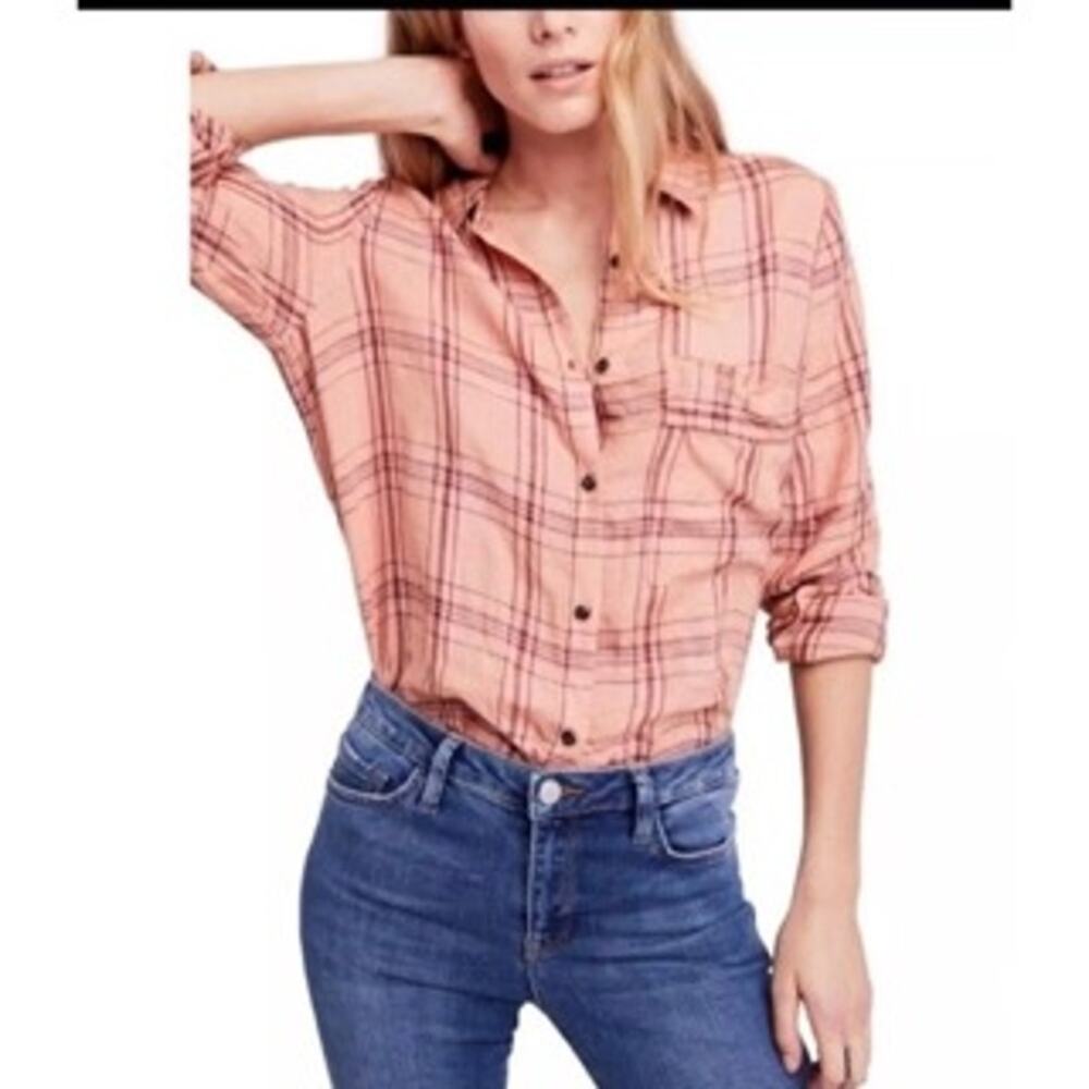 Free People No Limits 100% Linen Peach Plaid Button Up Button Back Shirt Small